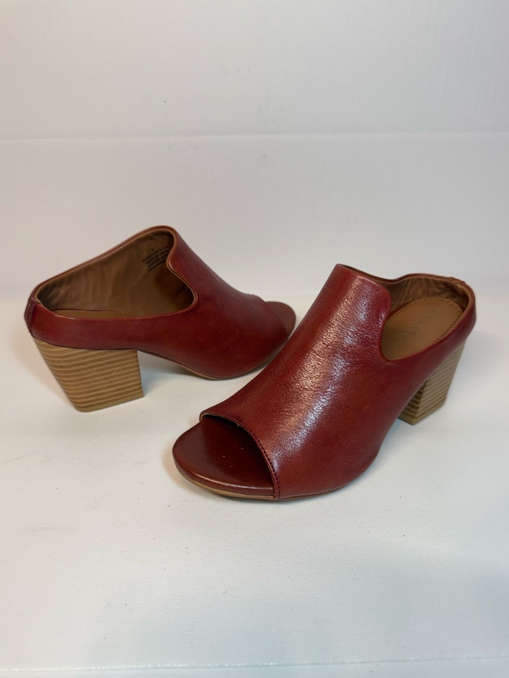 Diba True Catch She Rust Red Leather Open Toe Mule Block Heels 6